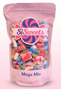 Packaged candy mix with 'SiSweets' branding on a pink background