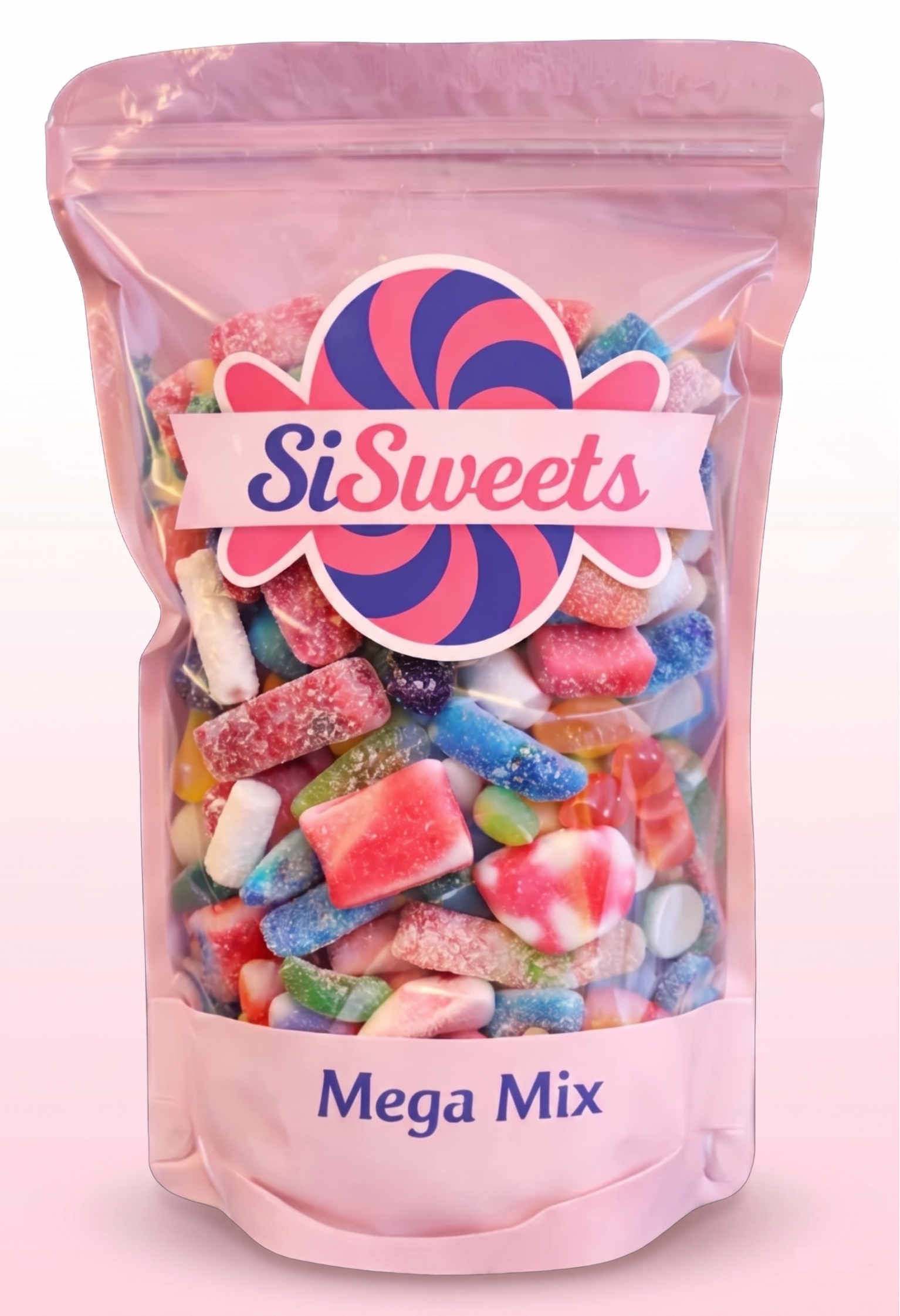 Packaged candy mix with 'SiSweets' branding on a pink background
